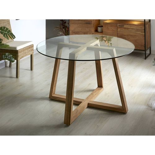 Table De Salle à Manger En Acacia Naturel Et Plateau Verre