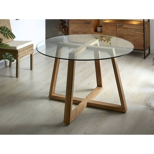 Table De Salle à Manger En Acacia Naturel Et Plateau Verre
