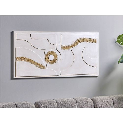 Tableau Mural Abstrait En Relief Motifs Rafia Beige Et Ocre - 140 X 70 Cm