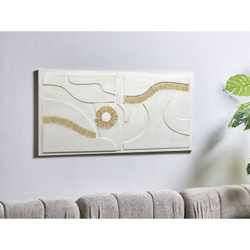Tableau Mural Abstrait En Relief Motifs Rafia Beige Et Ocre - 140 X 70 Cm