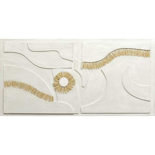 Tableau Mural Abstrait En Relief Motifs Rafia Beige Et Ocre - 140 X 70 Cm