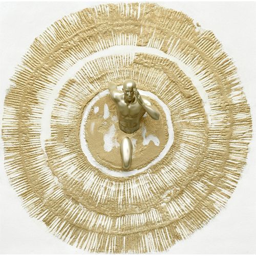 Tableau Mural Athlète Doré Traversant Cercle Blanc Et Or - 80 X 80 Cm