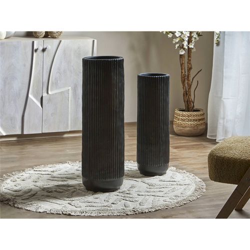 Vase Décoratif Noir Terracotta à Relief Lignes Verticales
