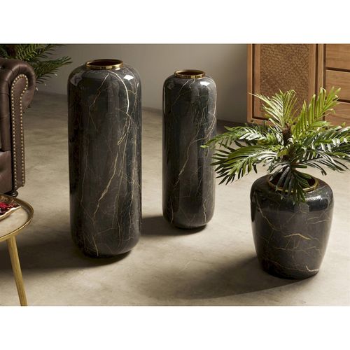 Vase Décoratif Effet Marbre Noir Et Beige En Métal Élégant