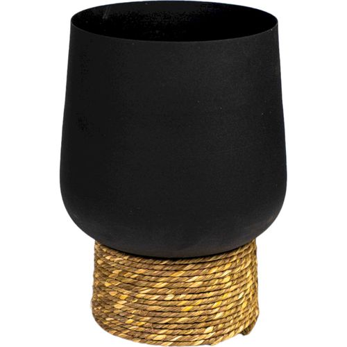 Cache Pot Métal Noir Avec Base En Rotin Naturel Élégant