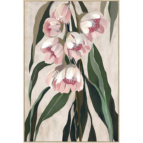 Tableau Floral Vert Et Rose Sur Toile Avec Cadre Peint à Lhuile - 83 X 123 Cm