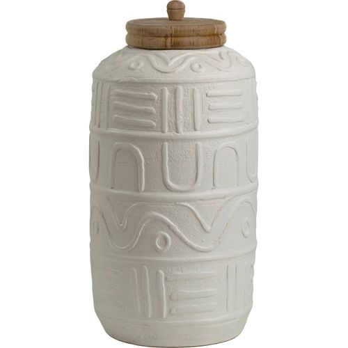 Pot Décoratif Blanc En Céramique Avec Couvercle Bois Naturel