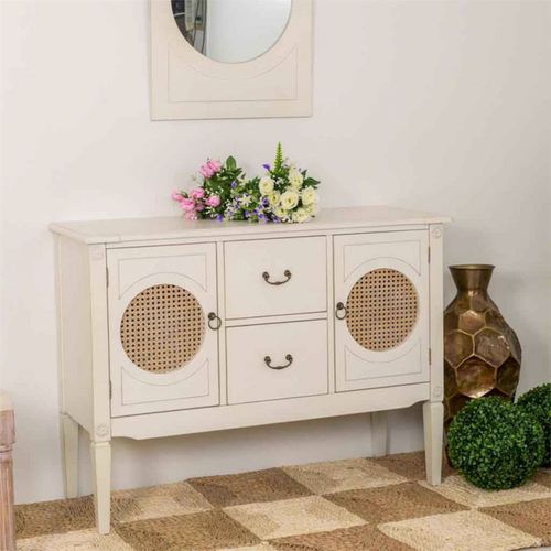 Console En Bois Blanc Avec Portes En Cannage Et Tiroirs Élégants