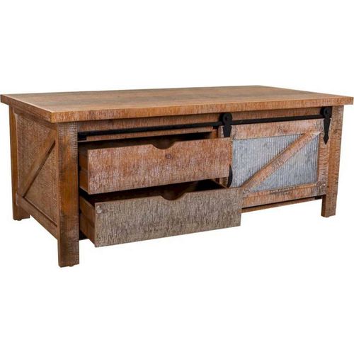 Table Basse Bois Et Métal Style Industriel Coloré Avec Tiroirs