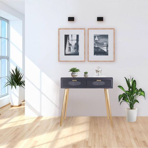 Console Bois Gris Foncé Pieds Dorés Deux Tiroirs Design