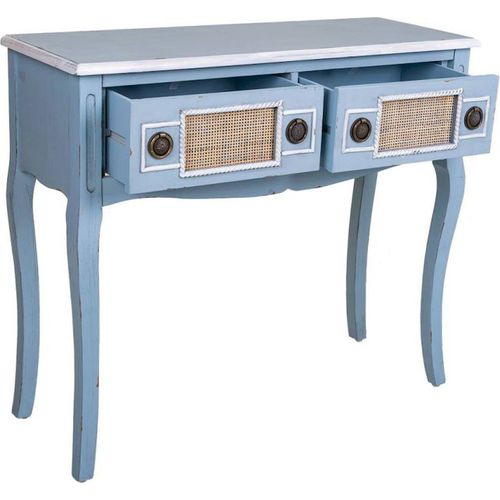 Console D'entrée Bleue En Bois Et Rotin Ambiance Naturelle