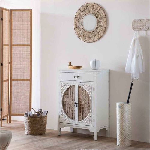 Console Bois Et Rotin Blanc Antique Élégance Naturelle