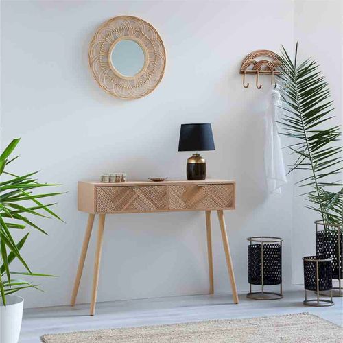 Console D'entrée Bois Naturel Contemporain Avec Deux Tiroirs