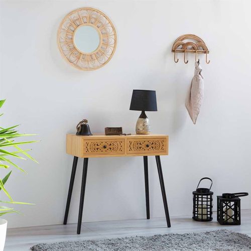 Console En Bois Naturel Contemporain Deux Tiroirs Sculptés