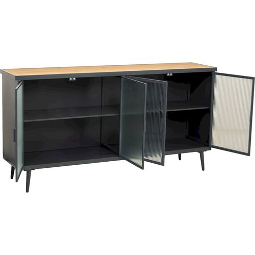 Buffet Industriel Bois Et Métal Noir Avec Portes Vitrées