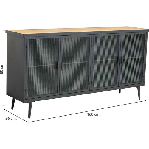 Buffet Industriel Bois Et Métal Noir Avec Portes Vitrées