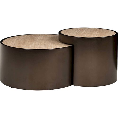 Table Basse Ronde Design Beige Effet Travertin Et Base Bronze