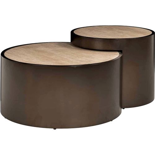 Table Basse Ronde Design Beige Effet Travertin Et Base Bronze