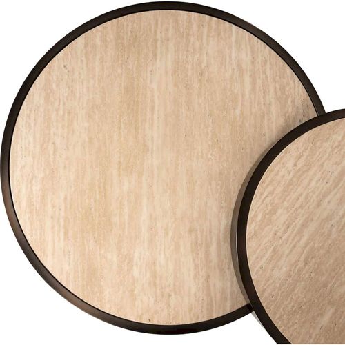 Table Basse Ronde Design Beige Effet Travertin Et Base Bronze