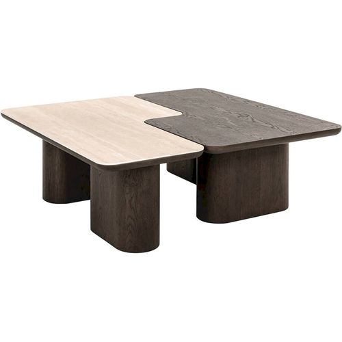 Table Basse Design Marron Effet Bois Et Travertin Contemporain