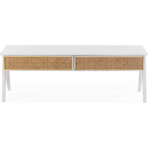 Meuble TV Bois De Cèdre Et Rotin Blanc Naturel Élégant