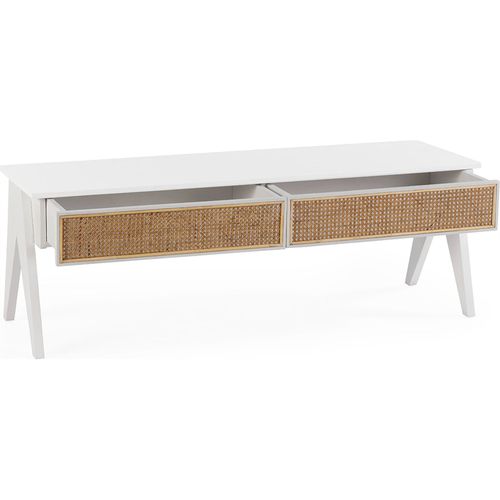 Meuble TV Bois De Cèdre Et Rotin Blanc Naturel Élégant
