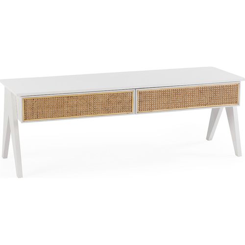 Meuble TV Bois De Cèdre Et Rotin Blanc Naturel Élégant