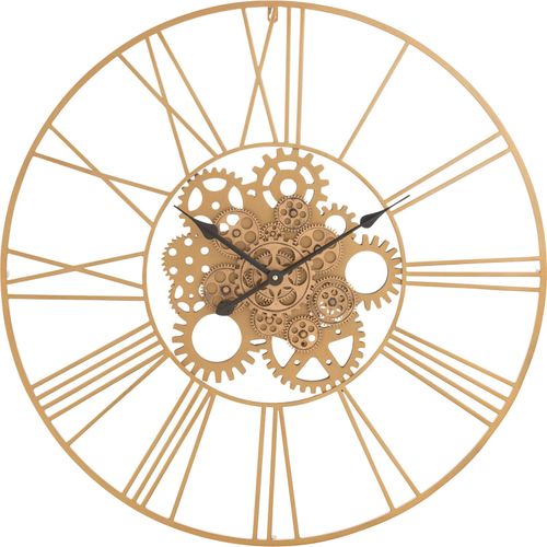 Horloge Murale Dorée Chiffres Romains Engrenages Métal Design