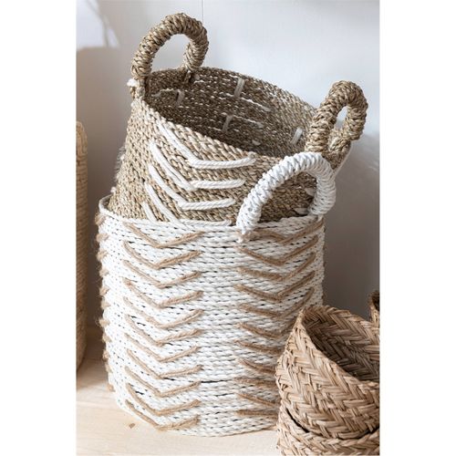 Panier Chevron En Raphia Naturel Et Blanc Pour Rangement Élégant