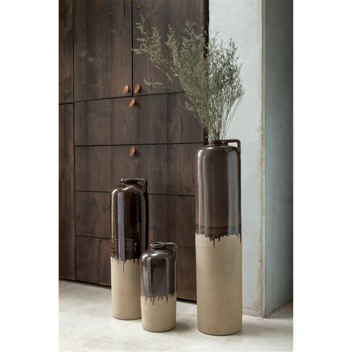 Vase Céramique Marron Beige Avec Anse Décorative Artisanale