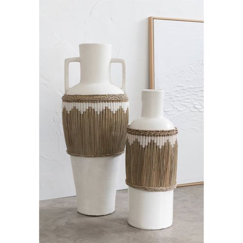 Vase Terracotta Blanc Anses Décor Herbes Naturelles Et Motifs