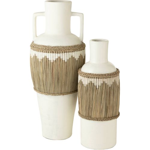 Vase Terracotta Blanc Anses Décor Herbes Naturelles Et Motifs