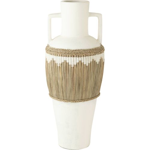 Vase Terracotta Blanc Anses Décor Herbes Naturelles Et Motifs