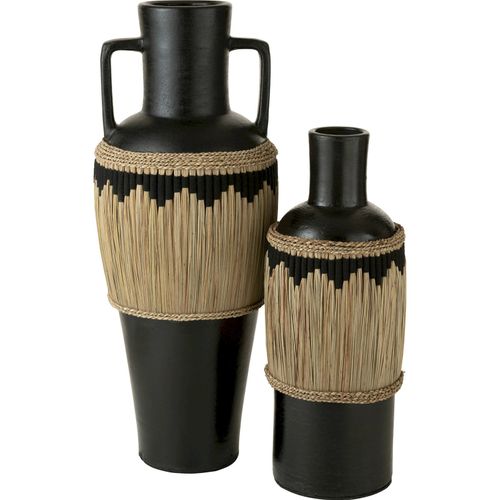 Vase Terracotta Noir Motifs Herbes Anses Déco Artisanale