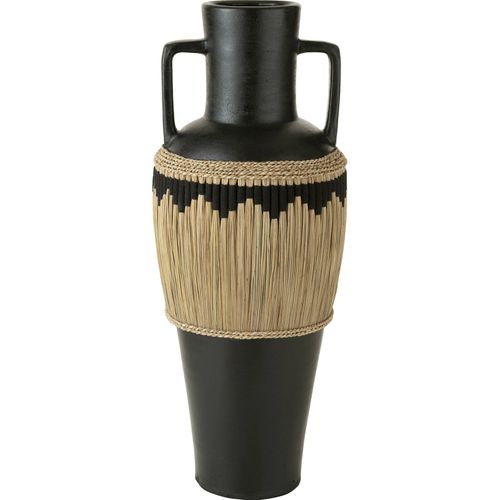 Vase Terracotta Noir Motifs Herbes Anses Déco Artisanale