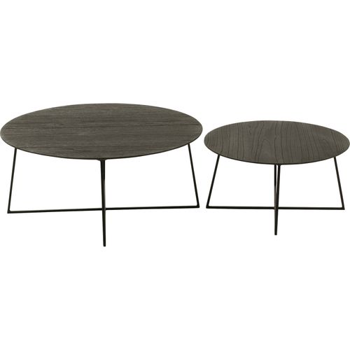 Table Gigogne Ronde Bois Teck Et Métal Noir Style Contemporain