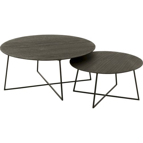 Table Gigogne Ronde Bois Teck Et Métal Noir Style Contemporain