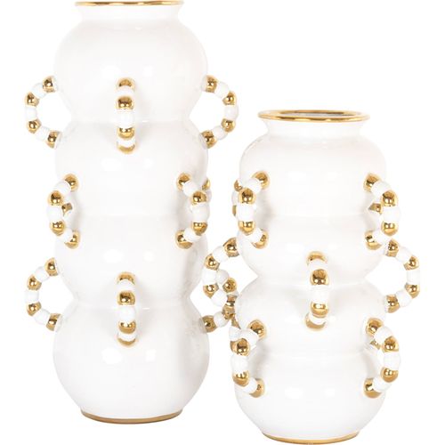 Vase Blanc Mat Design Sculptural En Grès Détails Dorés Élégants