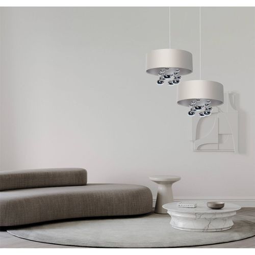 Suspension Satin Blanc Et Boules Argentées Design Élégant D. 40 Cm - H16 Cm Blanc