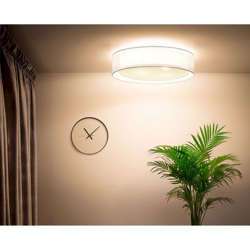 Plafonnier Tissu Double Couche Lumière Douce Effet Rotang D. 60 Cm - H16 Cm Blanc