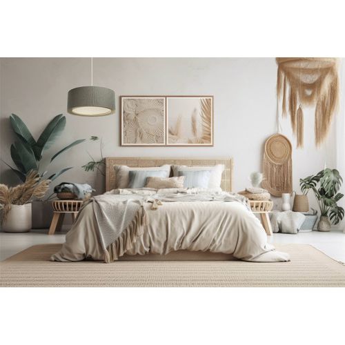 Suspension Bohème Élégante Tissu Et Rotin Pour Salon Cosy D. 50 Cm - H20 Cm Beige