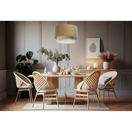 Suspension Boho Élégant En Tissu Structuré Et Diffuseur Rotin D. 60 Cm - H35 Cm Beige