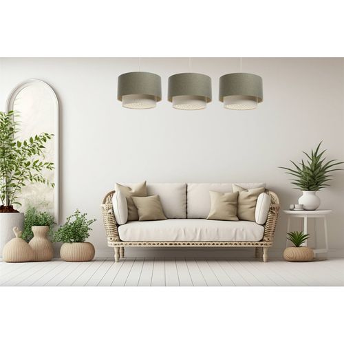 Suspension Boho Élégant En Tissu Structuré Et Diffuseur Rotin D. 60 Cm - H35 Cm Beige