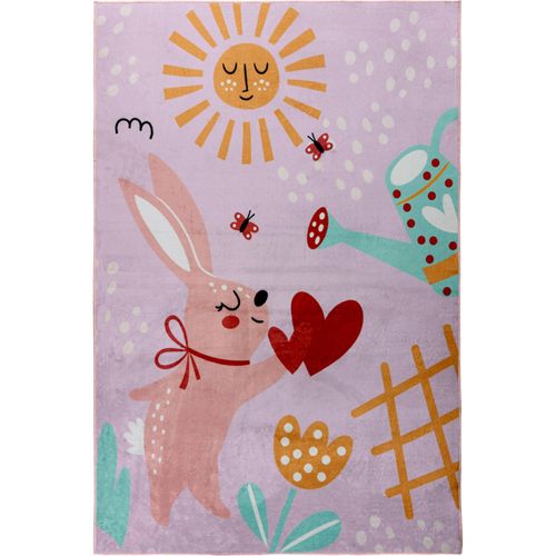Tapis Enfant Rose Doux Lavable Motif Lapin Soleil 160 X 115 Cm Rose