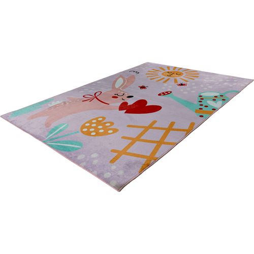Tapis Enfant Rose Doux Lavable Motif Lapin Soleil 160 X 115 Cm Rose