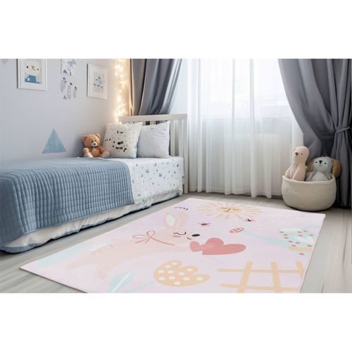 Tapis Enfant Rose Doux Lavable Motif Lapin Soleil 230 X 160 Cm Rose