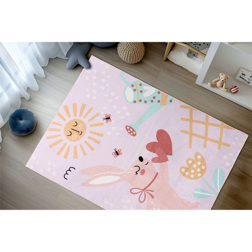 Tapis Enfant Rose Doux Lavable Motif Lapin Soleil 230 X 160 Cm Rose