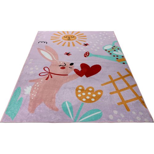 Tapis Enfant Rose Doux Lavable Motif Lapin Soleil 230 X 160 Cm Rose