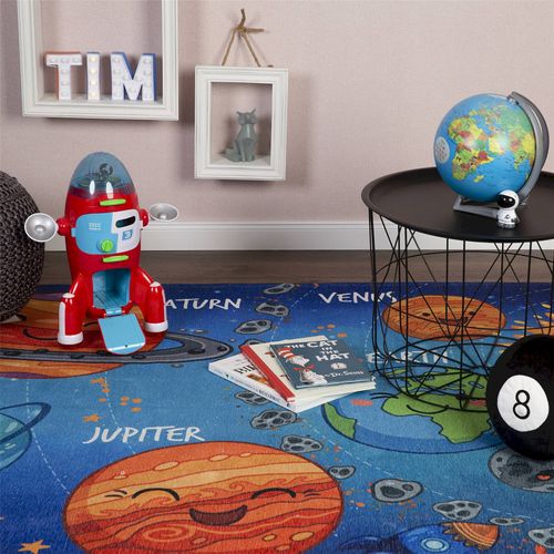 Tapis Enfant Système Solaire Jacquard Doux Antidérapant 120 X 80 Cm Bleu