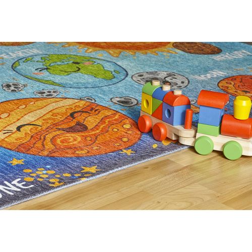 Tapis Enfant Système Solaire Jacquard Doux Antidérapant 120 X 80 Cm Bleu